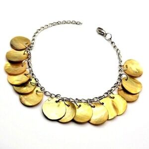 Abalone Circles on Silvertone Cable Chain Bracelet / Anklet‎ 8.5"